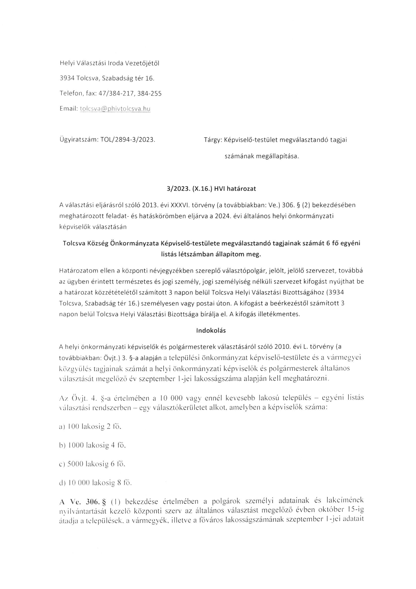 kepviselo testulet megvalasztando tagjai szamanak megallapitasa tolcsva page 1